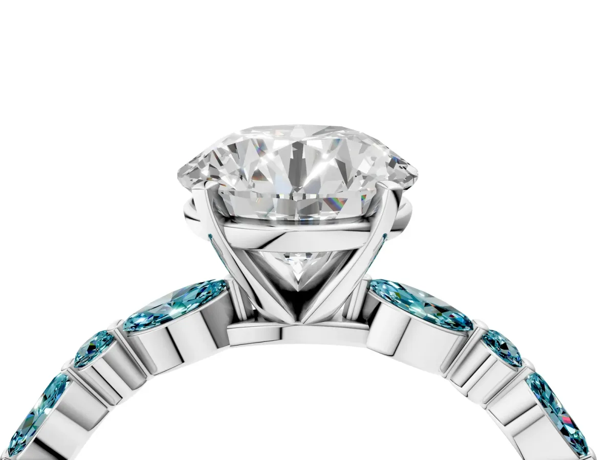 Round Cut Diamond Ring with Marquise and Round Blue Topaz Side Stones and Four-Prong Setting Silver