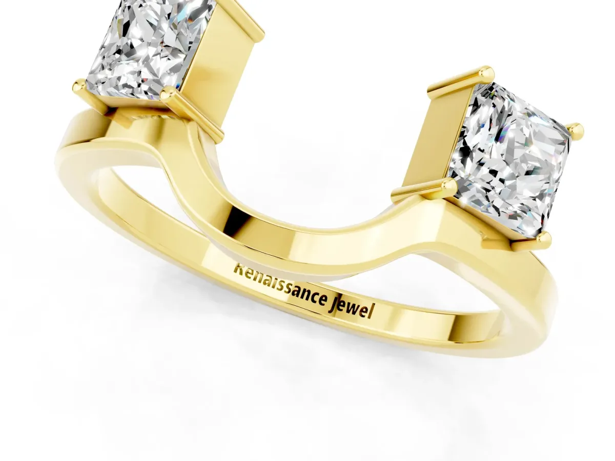 Princess Cut Moissanite Two-Stone Open Band Ring with Four-Prong Setting Yellow gold