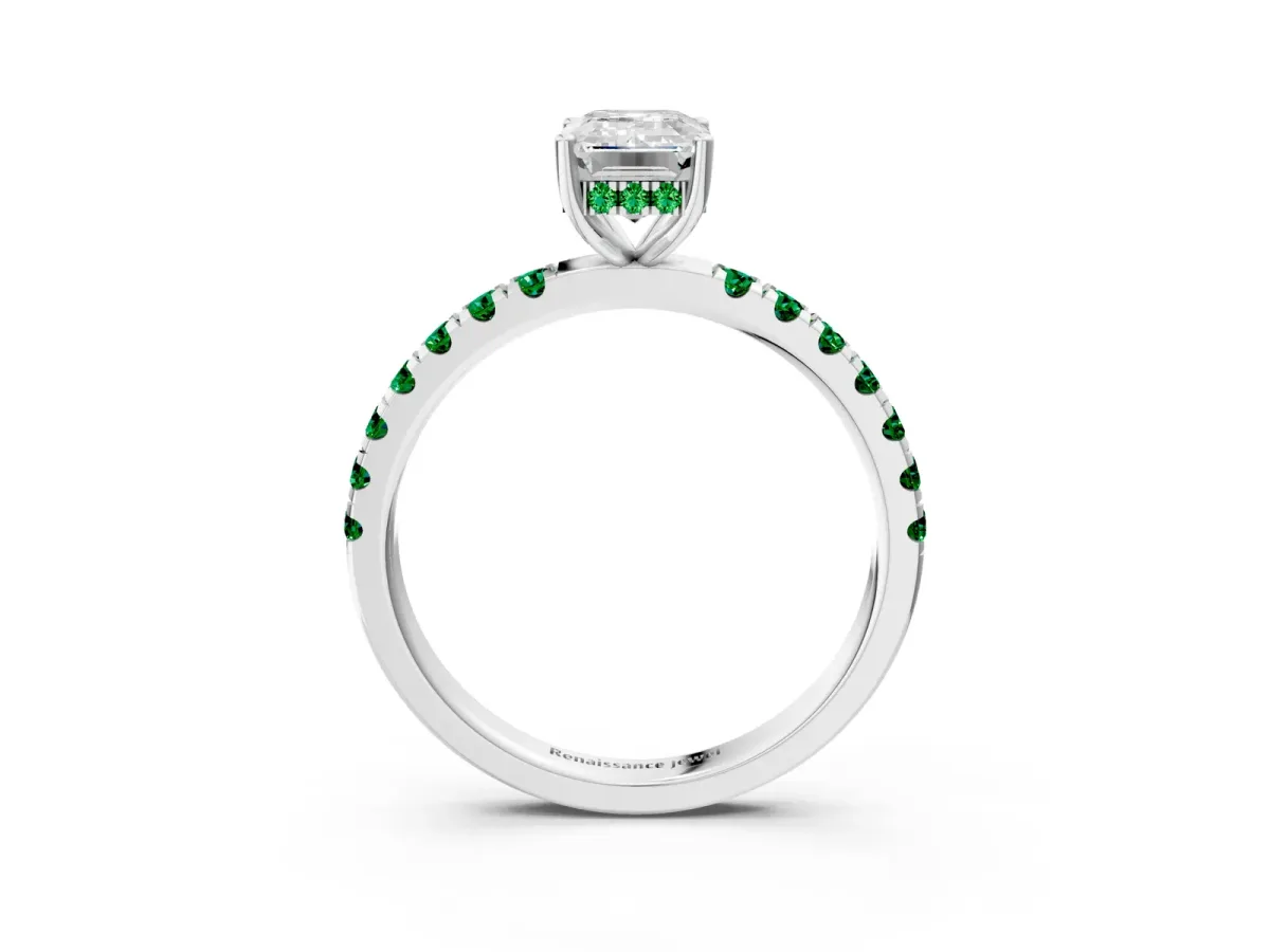 Emerald Cut Diamond Pave Band Solitaire Ring with Round Emerald and Prong Setting Platinum