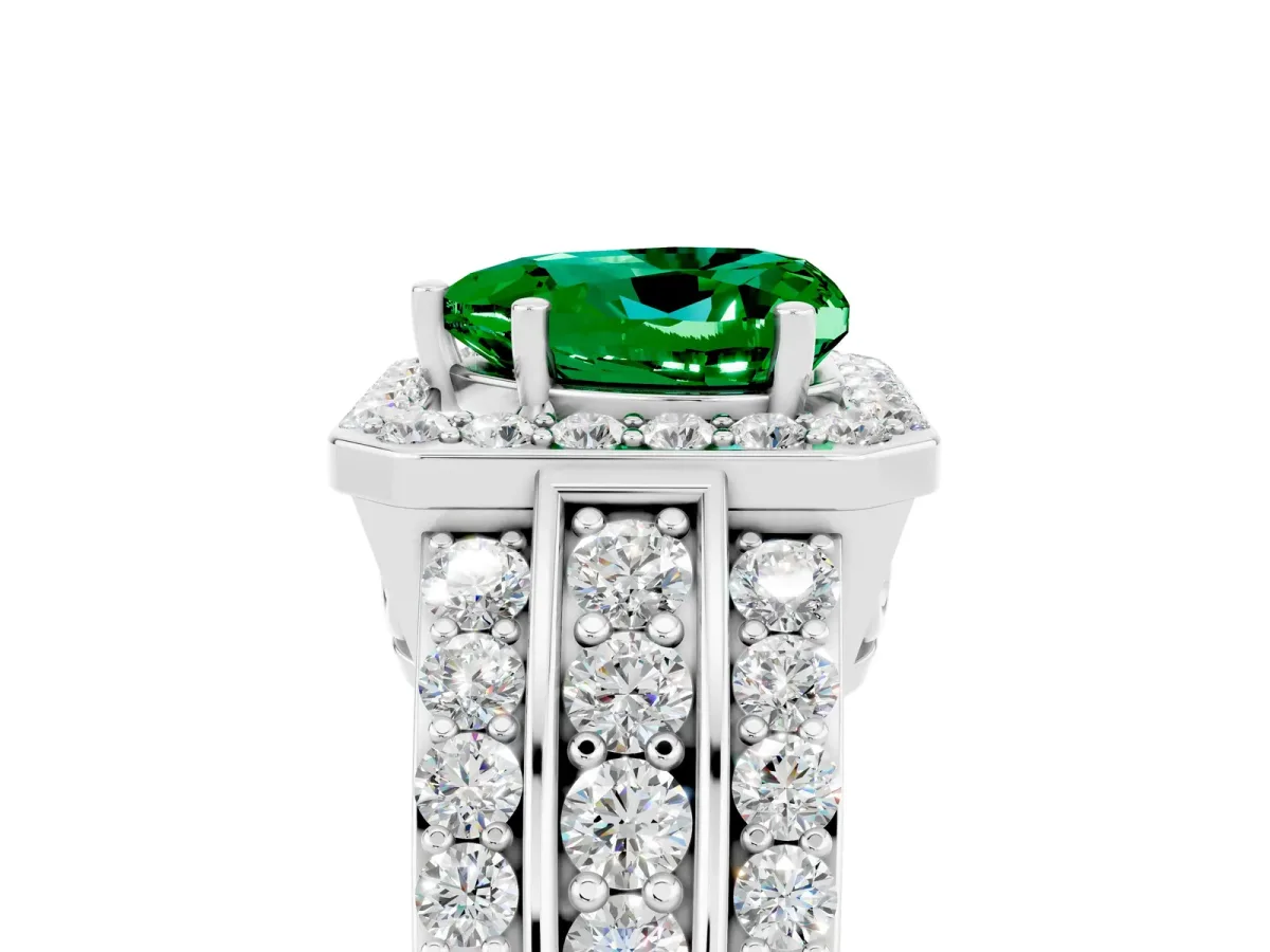 Heart Cut Halo Emerald Ring with Round Split Shank and Prong Setting Silver