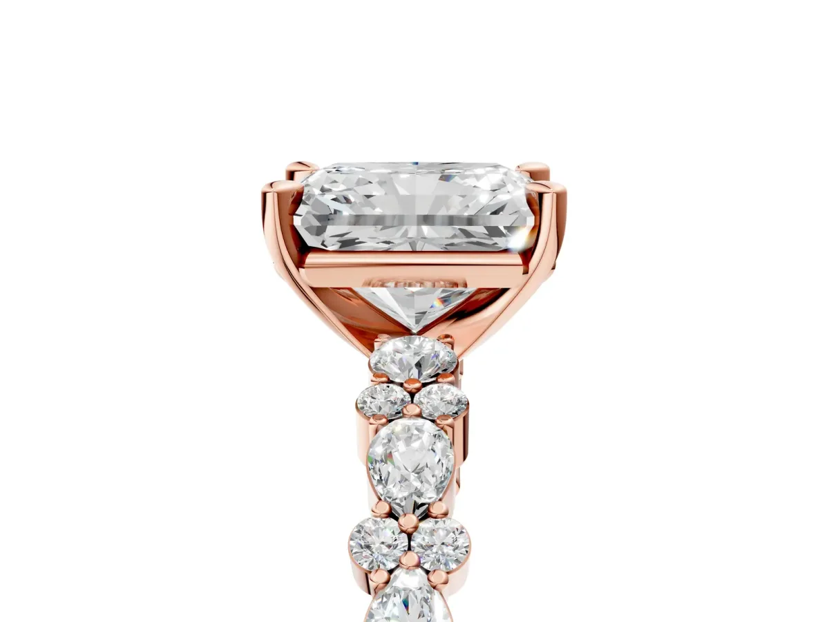 Radiant Cut Diamond Side Stone Solitaire Ring with Round Moissanite and Four-Prong Setting Rose gold