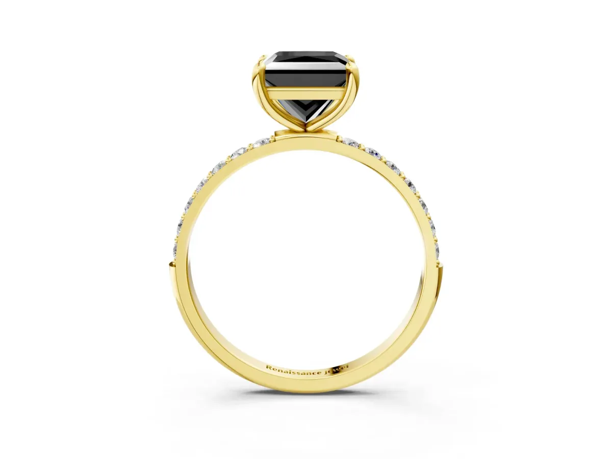 Fancy Black Princess Cut Diamond Solitaire Ring with Round Pavé Band and Prong Setting Yellow gold