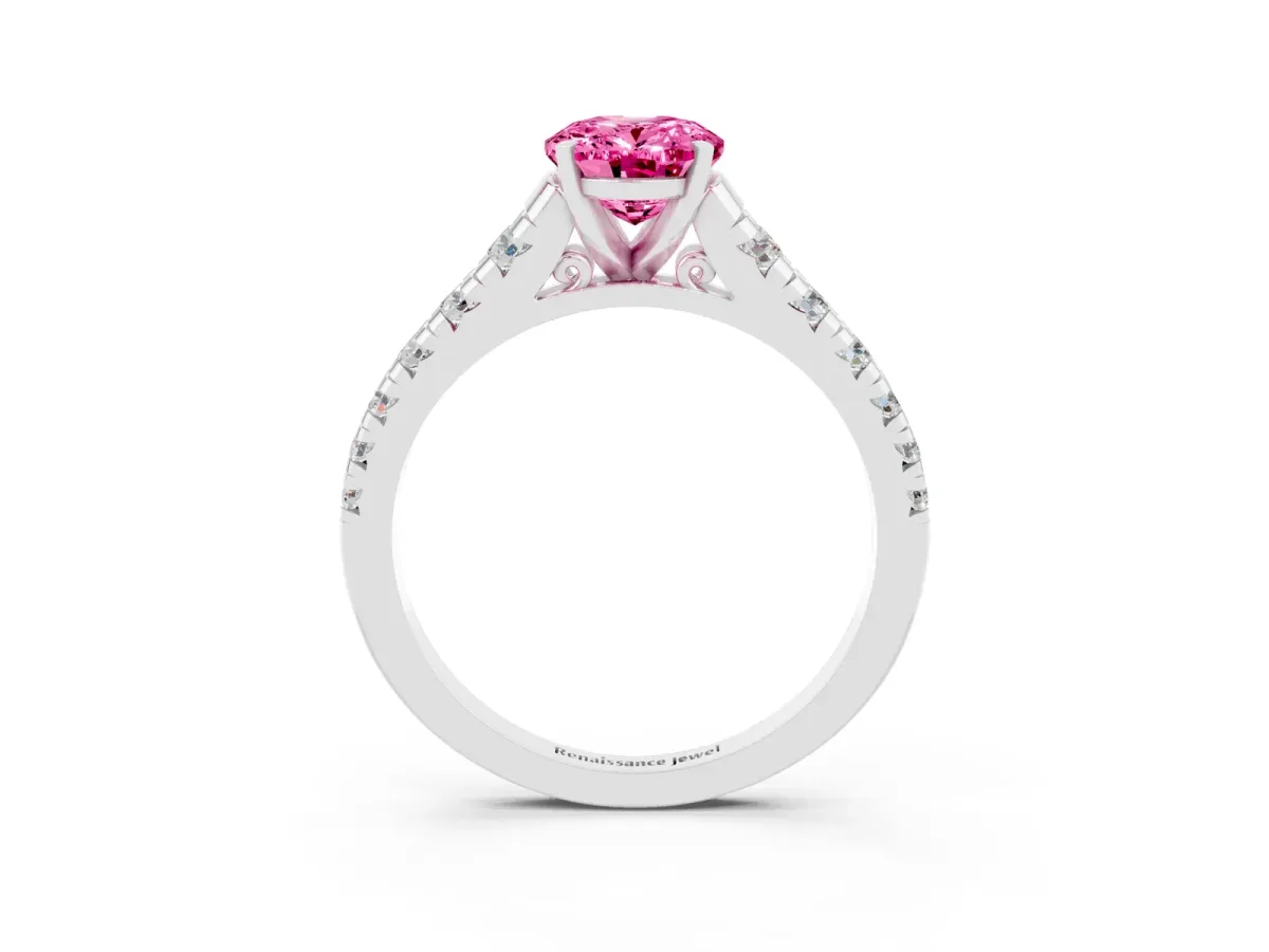 Oval Cut Pink Sapphire Cathedral Solitaire Ring with Round Pavé Band Silver