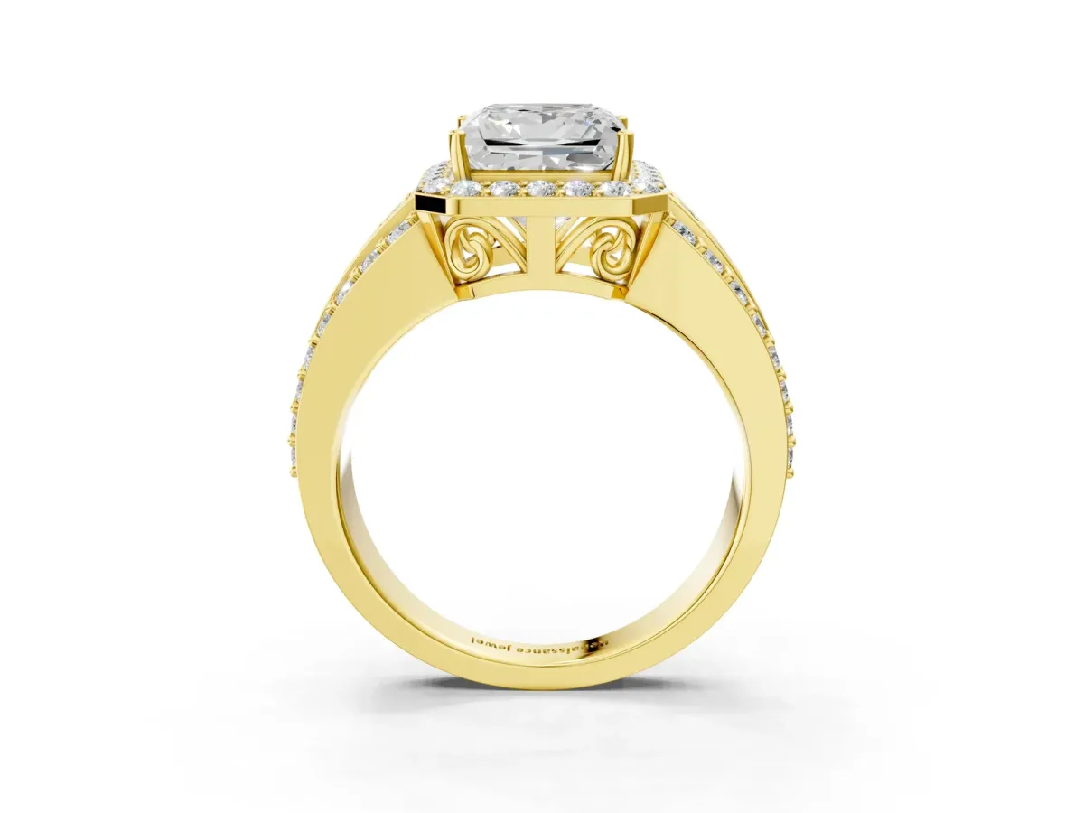 Princess Cut Halo Diamond Ring with Round Moissanite Split Shank and Prong Setting Yellow gold