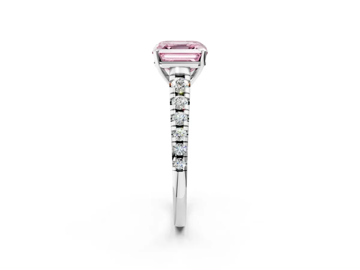 Fancy Pink Asscher Cut Diamond Cathedral Solitaire Ring with Round Pavé Band White gold