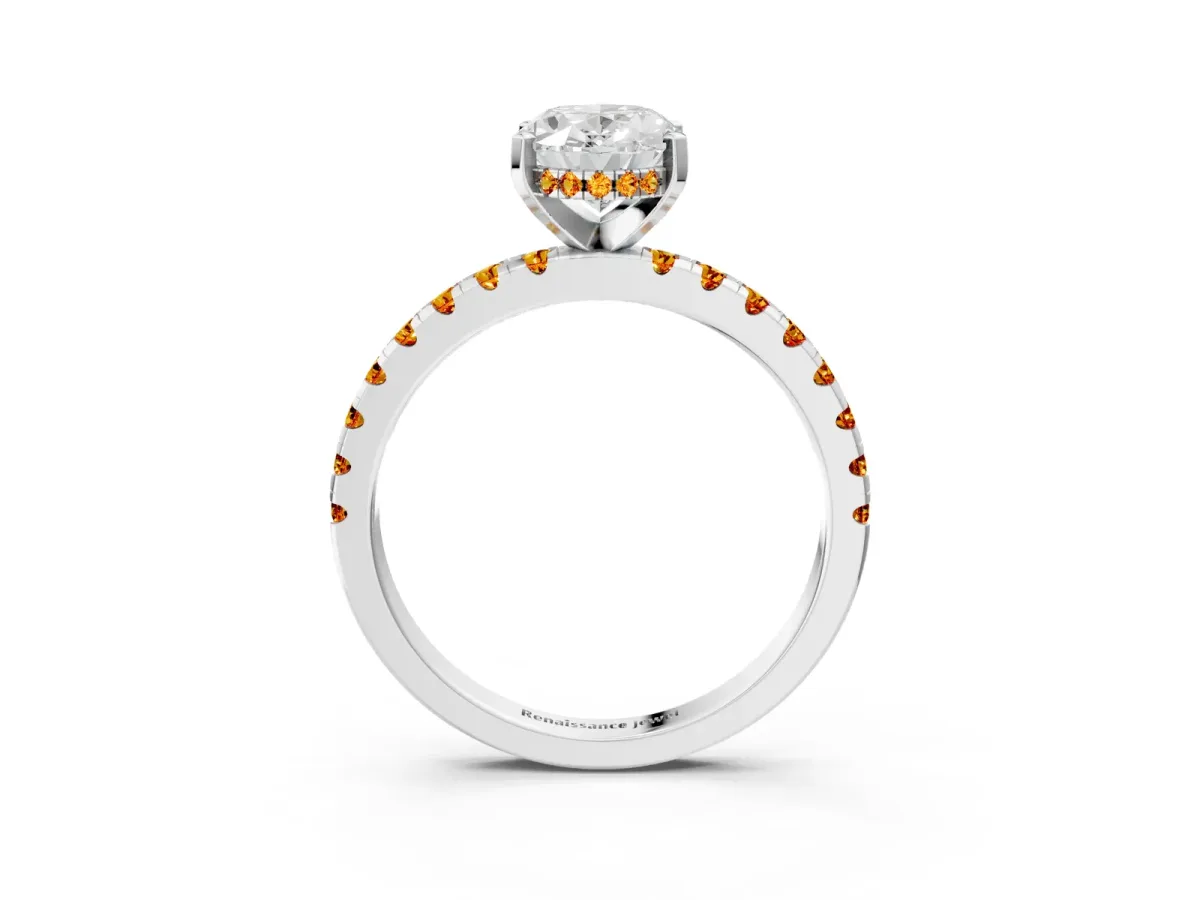 Oval Cut Diamond Solitaire Ring with Round Citrine Pavé Band and Four-Prong Setting Silver