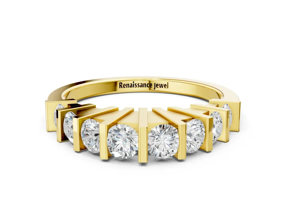 Channel Set Round Diamond Half Eternity Band with Bar Prong Setting Yellow gold