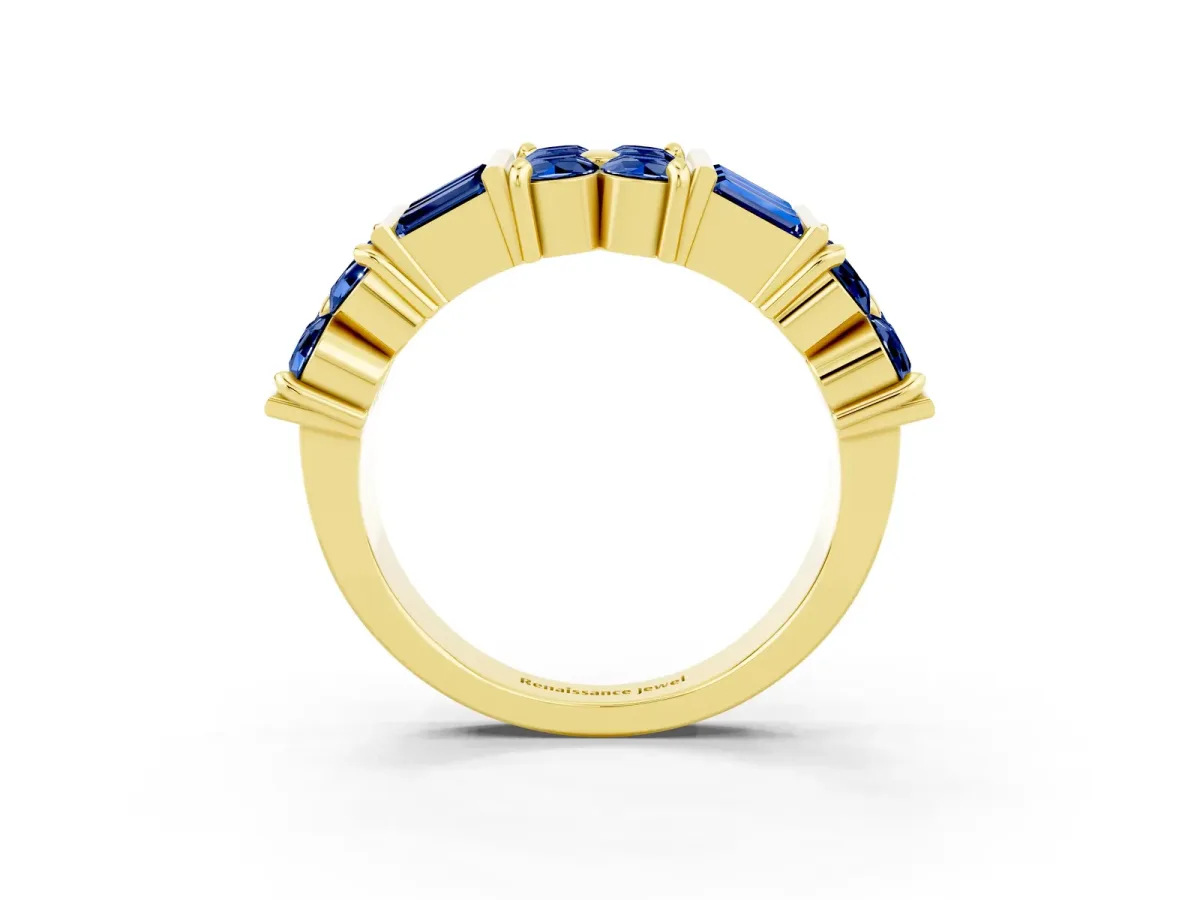 Channel Set Round and Baguette Blue Sapphire Anniversary Band with Prong Setting Yellow gold