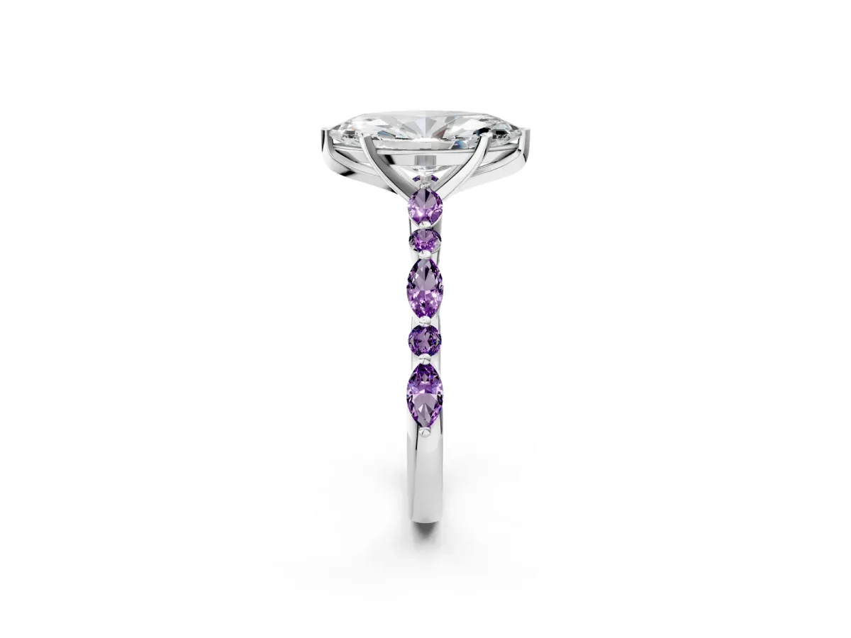 Marquise Cut Diamond Ring with Marquise and Round Amethyst Side Stones and Four-Prong Setting Silver