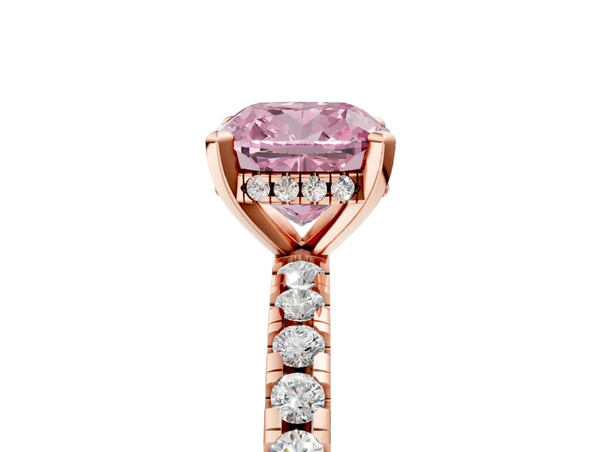 Fancy Pink Cushion Cut Diamond Solitaire Ring with Round Pavé Band and Four-Prong Setting Rose gold