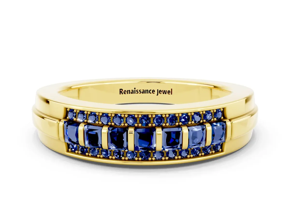 Bar-Set Princess Cut Blue Sapphire Pavé Band Yellow gold