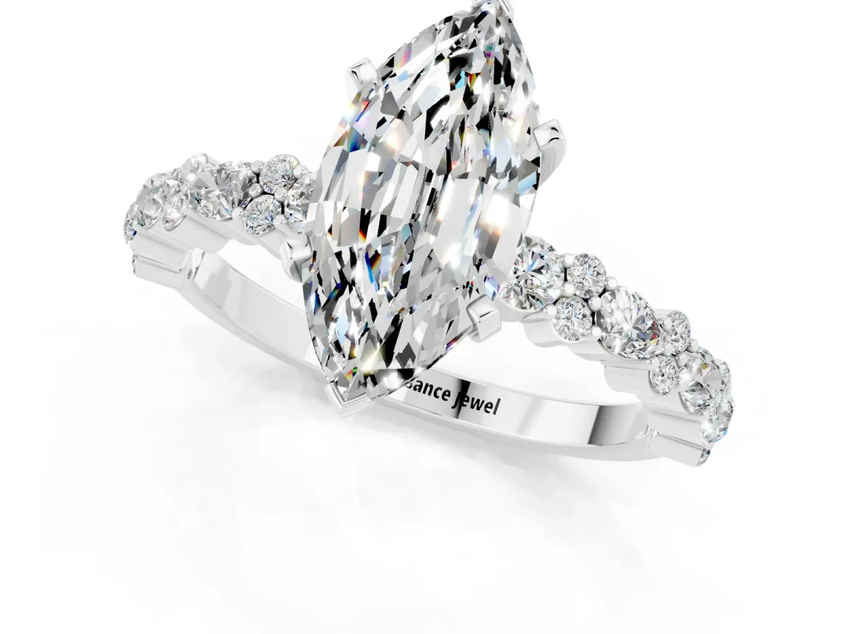 Marquise Cut Moissanite Side Stone Solitaire Ring with Round and Four-Prong Setting White gold