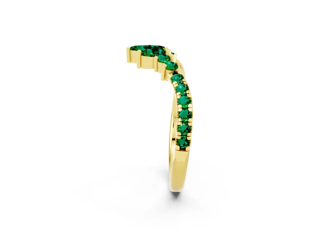 Chevron Marquise and Round Emerald Open Band with Prong Setting Yellow gold