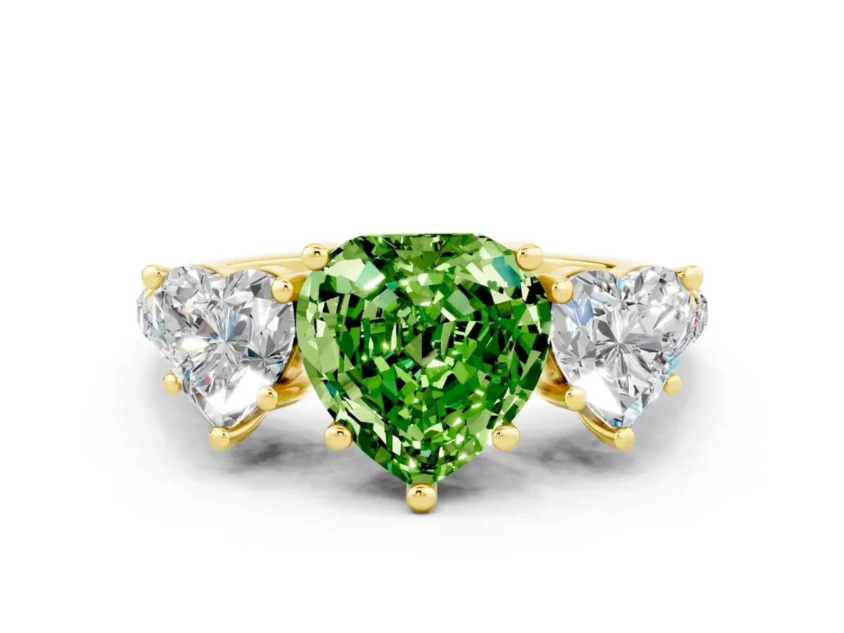 Three-Stone Heart Cut Peridot Ring with Round Pavé Band and Prong Setting Yellow gold