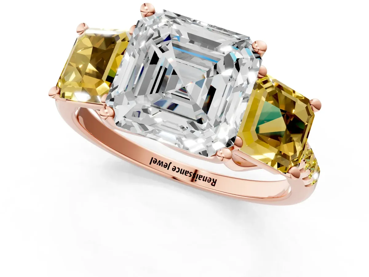 Three-Stone Asscher Cut Diamond Ring with Round Yellow Sapphire Pavé Band and Prong Setting Rose gold