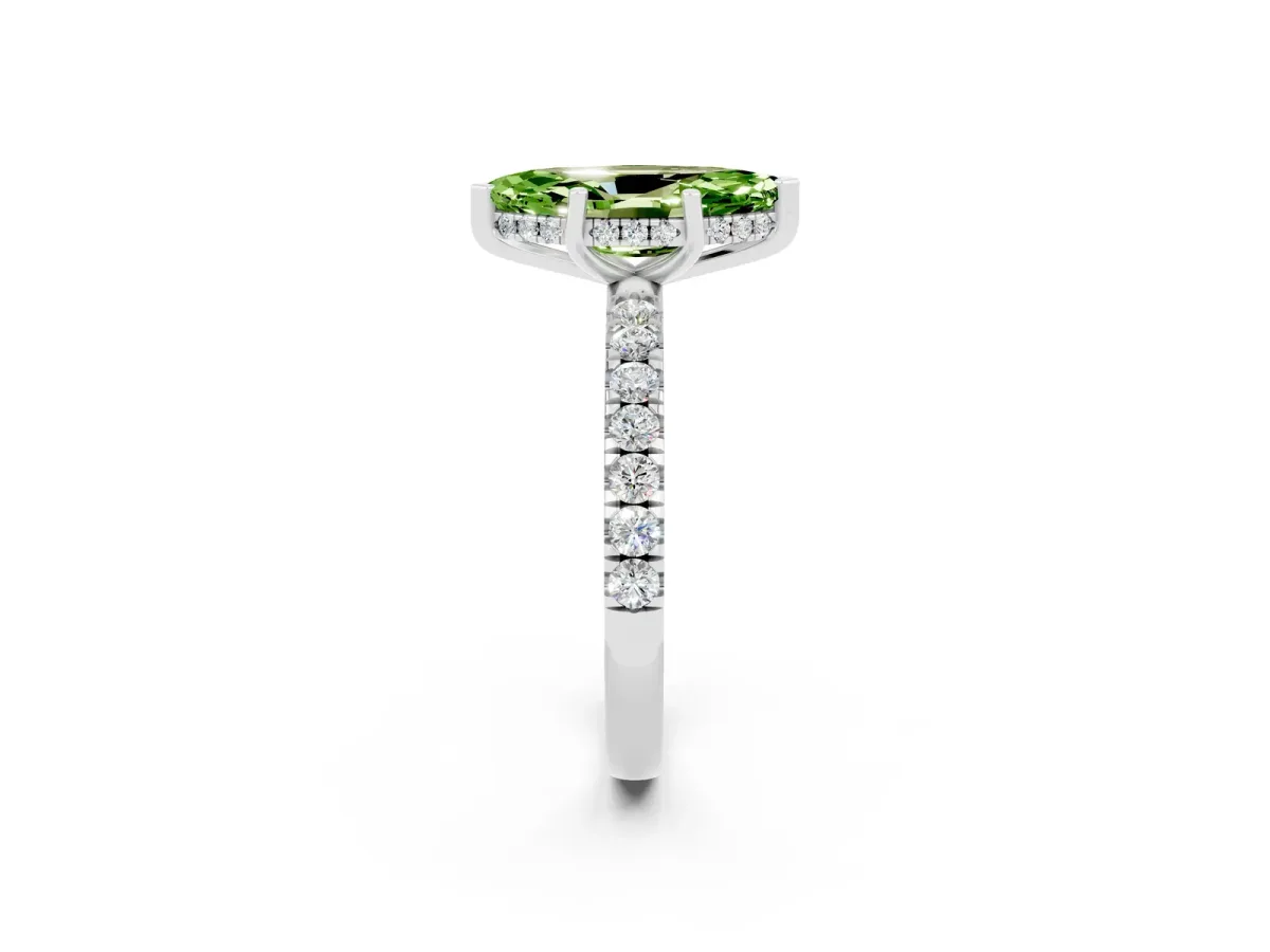 Marquise Cut Peridot Pave Band Solitaire Ring with Round and Prong Setting White gold