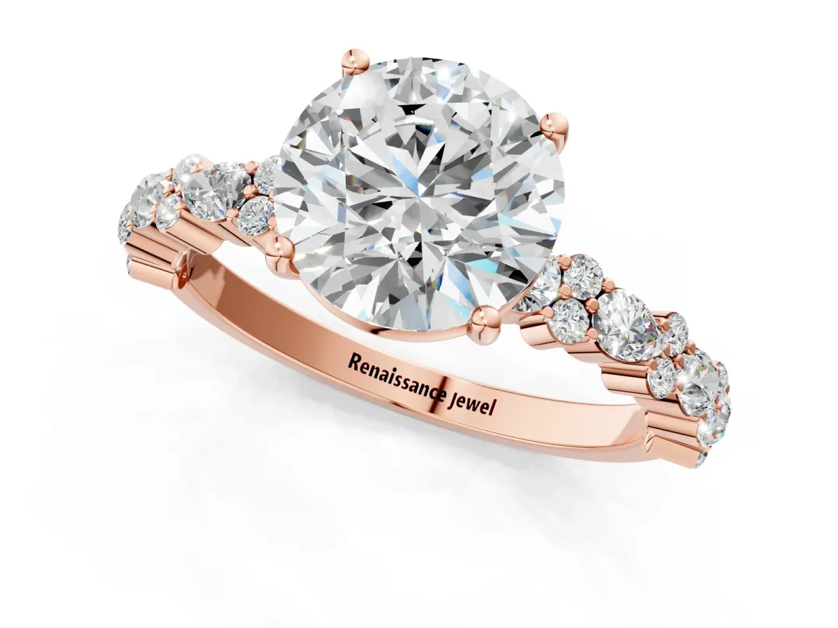 Round Cut Diamond Side Stone Solitaire Ring with Round Moissanite and Four-Prong Setting Rose gold