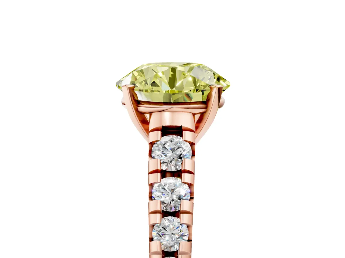 Fancy Yellow Round Cut Diamond Cathedral Solitaire Ring with Round Pavé Band Rose gold