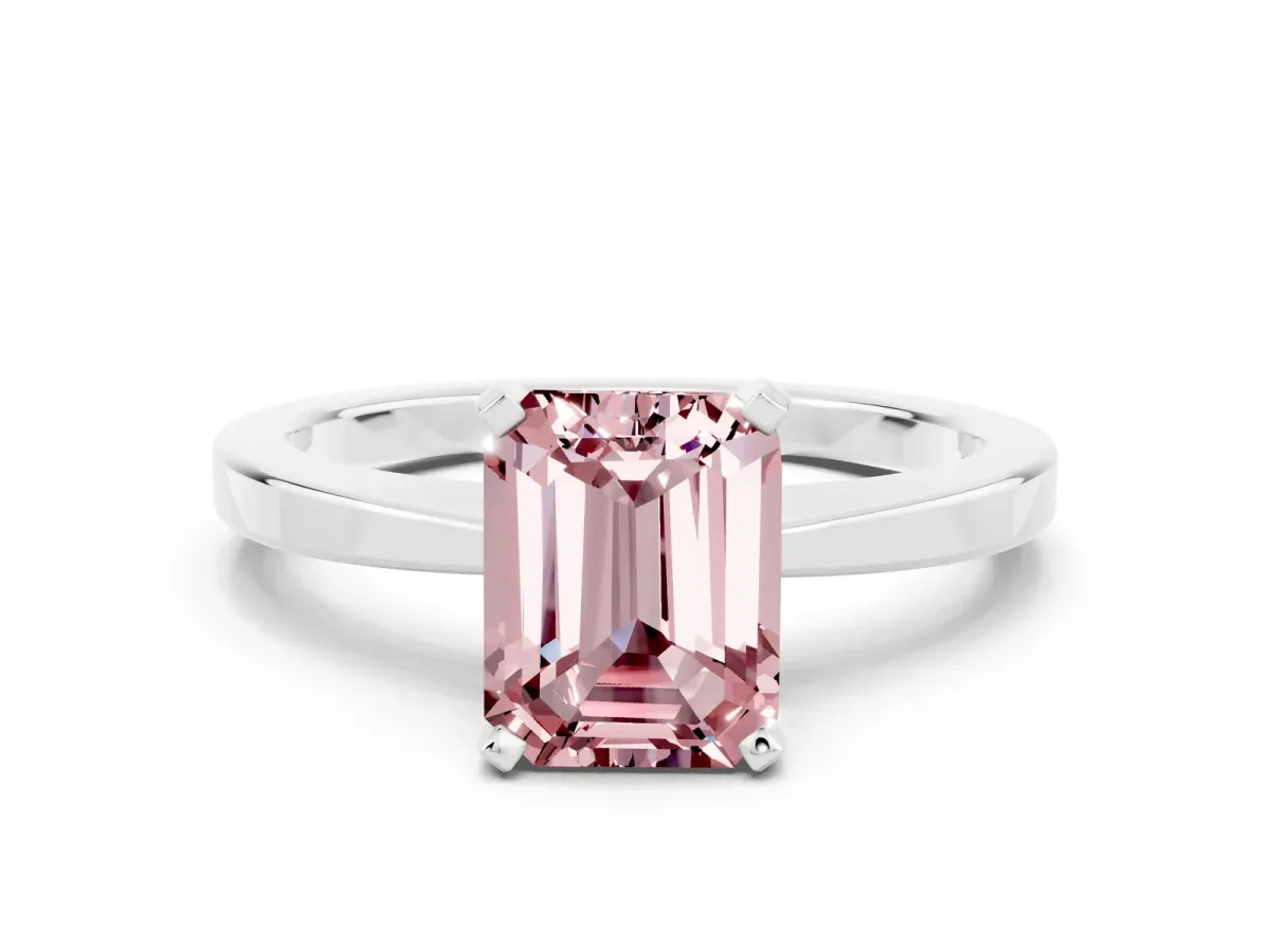 Emerald Cut Morganite Solitaire Engagement Ring with Classic Band and Four-Prong Setting White gold
