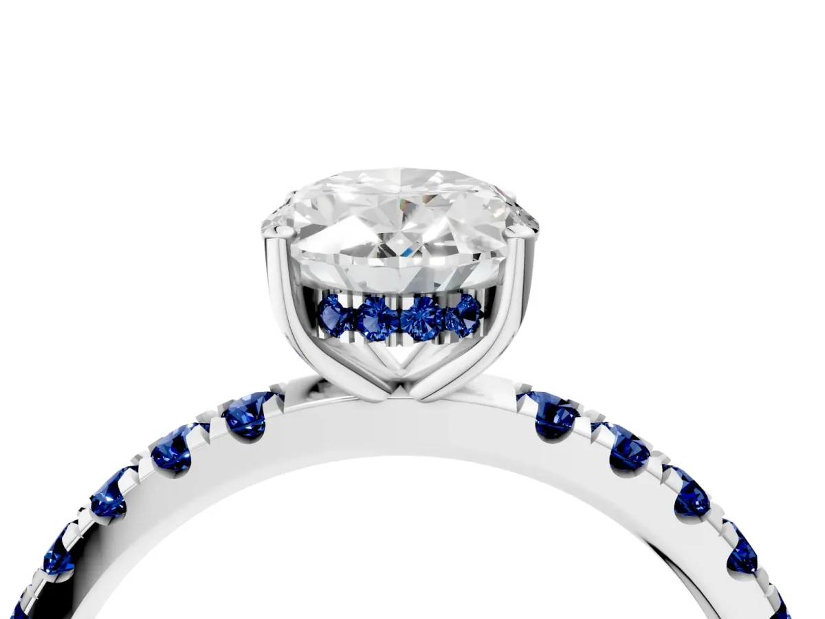 Oval Cut Diamond Pave Band Solitaire Ring with Round Blue Sapphire and Prong Setting Platinum
