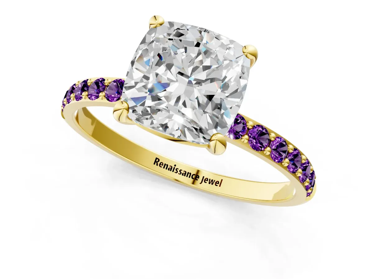Cushion Cut Diamond Solitaire Ring with Round Amethyst Pavé Band and Prong Setting Yellow gold