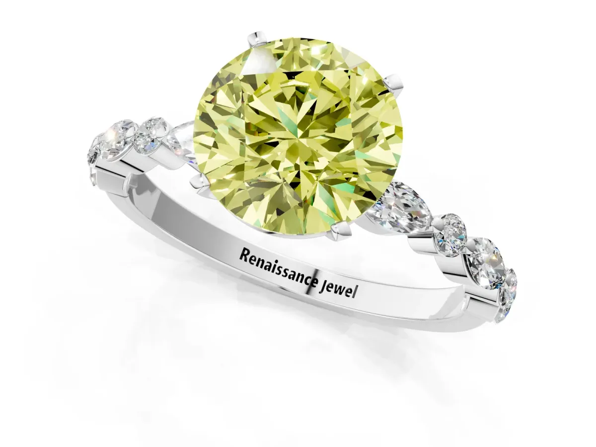 Fancy Yellow Round Cut Diamond Ring with Marquise and Round Side Stones and Four-Prong Setting Silver
