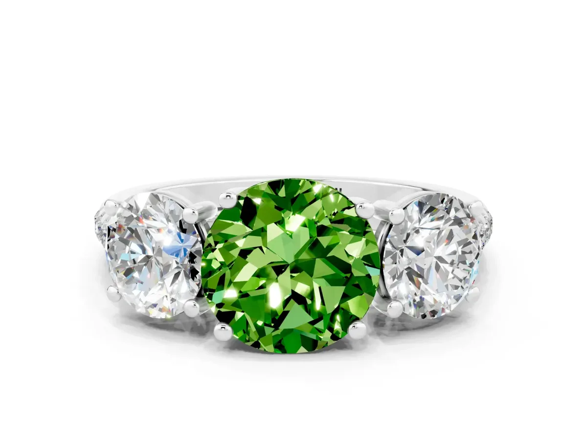 Three-Stone Round Cut Peridot Ring with Round Pavé Band and Prong Setting White gold