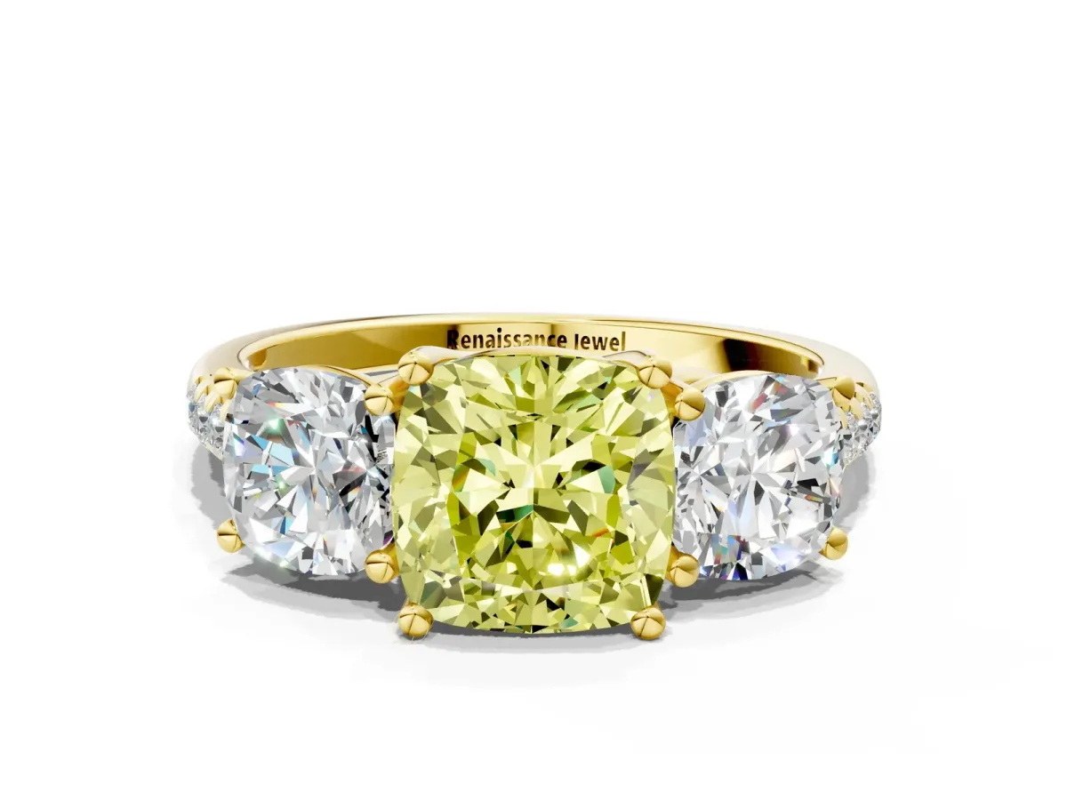 Fancy Yellow Three-Stone Cushion Cut Diamond Ring with Round Pavé Band and Prong Setting Yellow gold