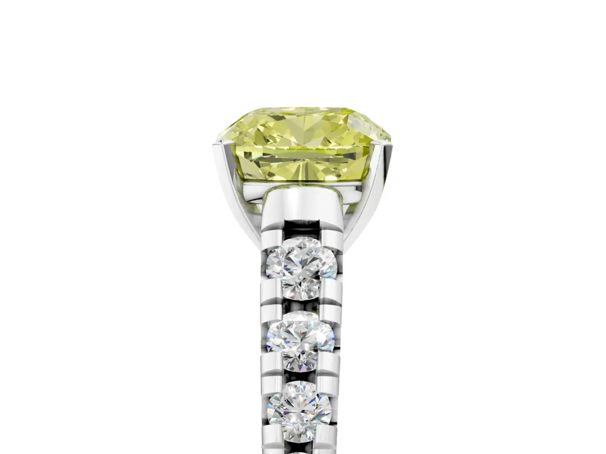 Fancy Yellow Cushion Cut Diamond Cathedral Solitaire Ring with Round Pavé Band White gold
