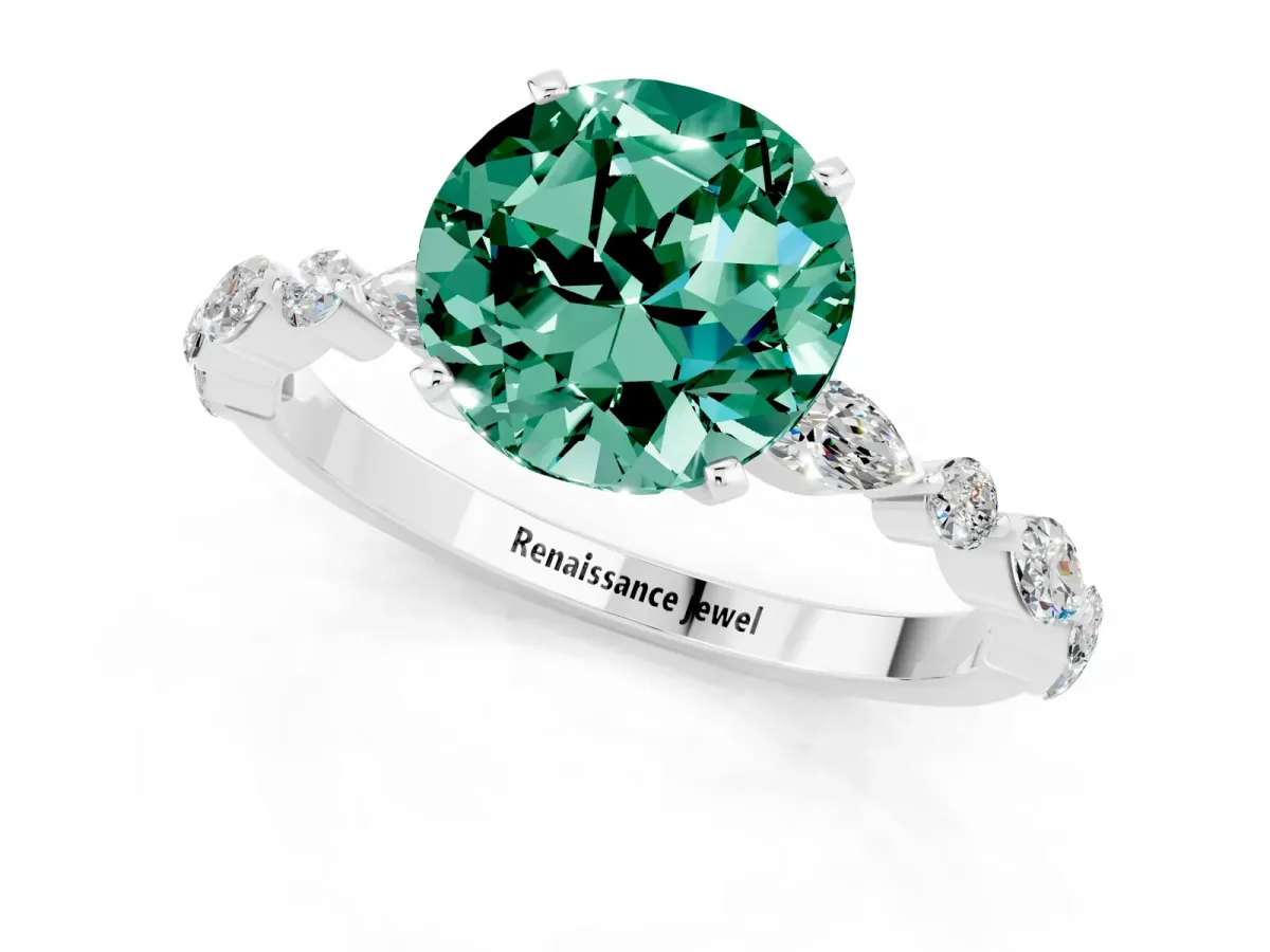 Round Cut Green Sapphire Ring with Marquise and Round Side Stones and Four-Prong Setting Silver