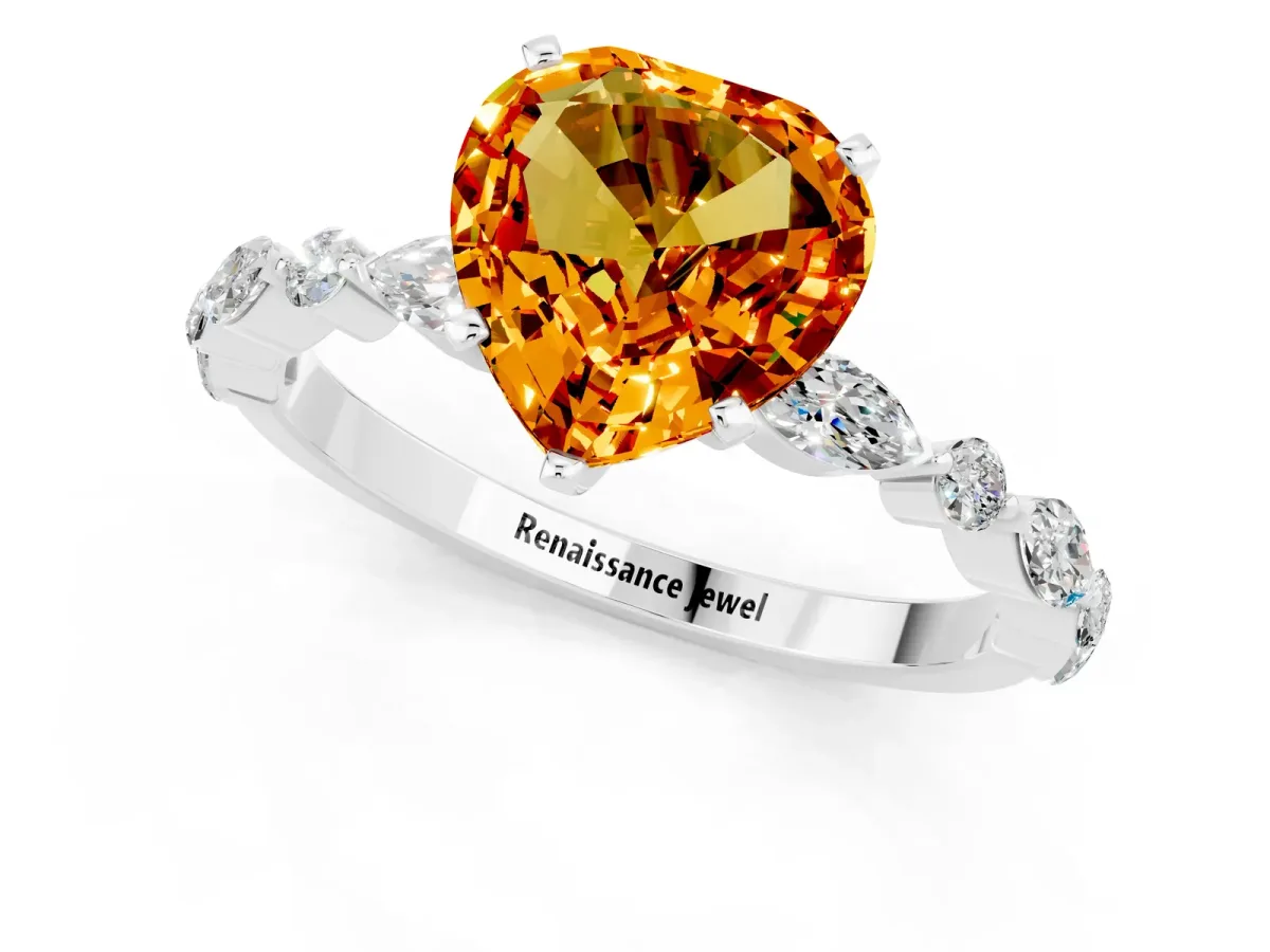 Heart Cut Citrine Ring with Marquise and Round Side Stones and Four-Prong Setting Platinum