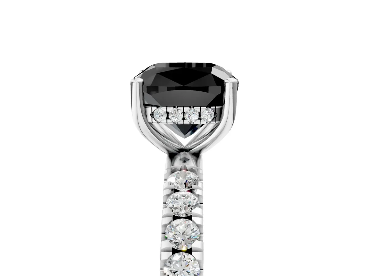 Fancy Black Cushion Cut Diamond Pave Band Solitaire Ring with Round and Prong Setting Silver