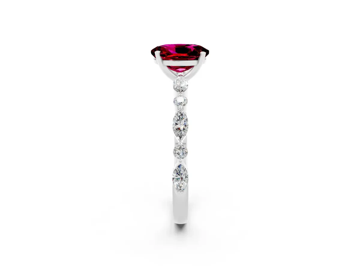 Oval Cut Garnet Ring with Marquise and Round Side Stones and Four-Prong Setting Silver