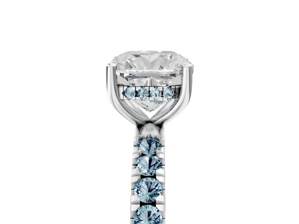 Cushion Cut Diamond Pave Band Solitaire Ring with Round Aquamarine and Prong Setting Silver