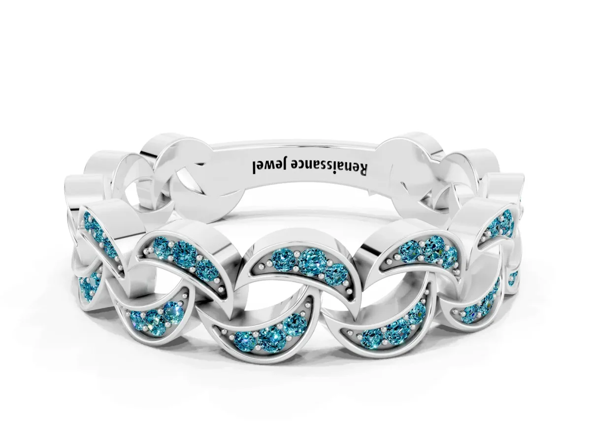 Pavé Round Blue Topaz Interlocking Eternity Band with Bezel Prong Setting Platinum