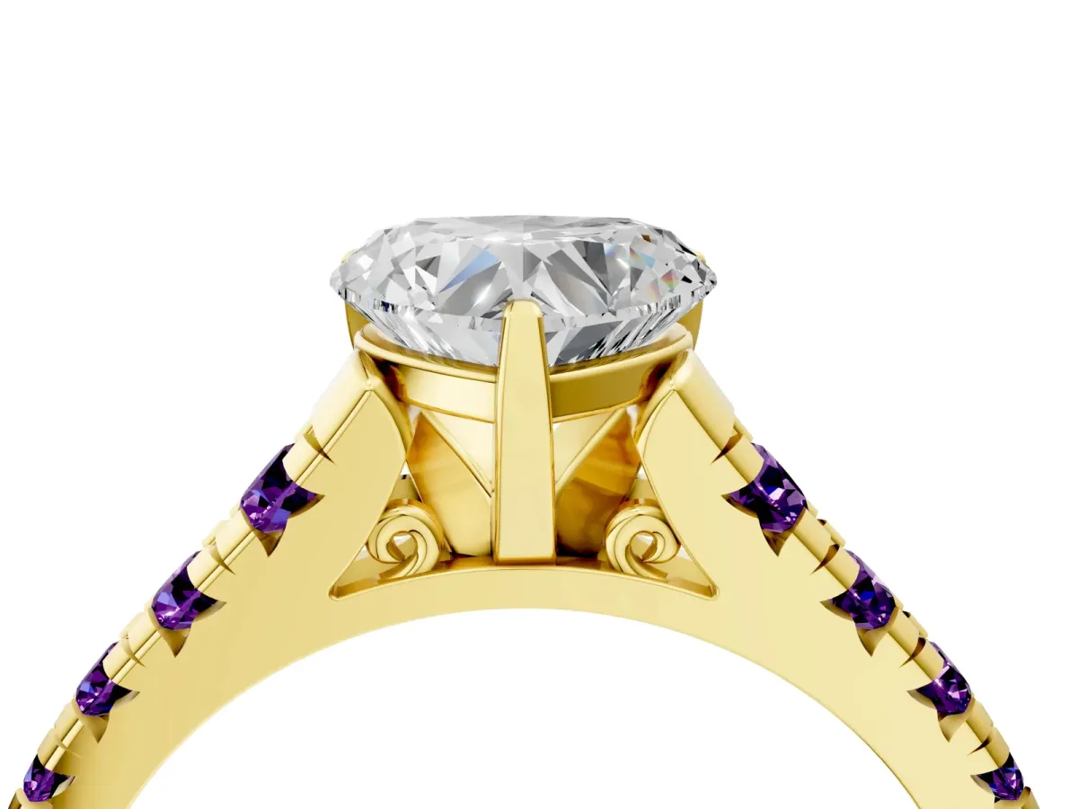 Heart Cut Diamond Cathedral Solitaire Ring with Round Amethyst Pavé Band Yellow gold