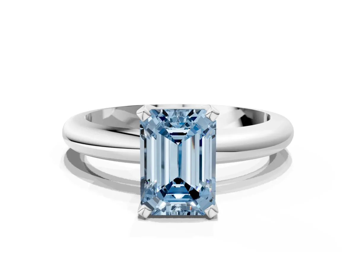 Fancy Blue Emerald Cut Diamond Solitaire Engagement Ring with Round Band and Four-Prong Setting White gold