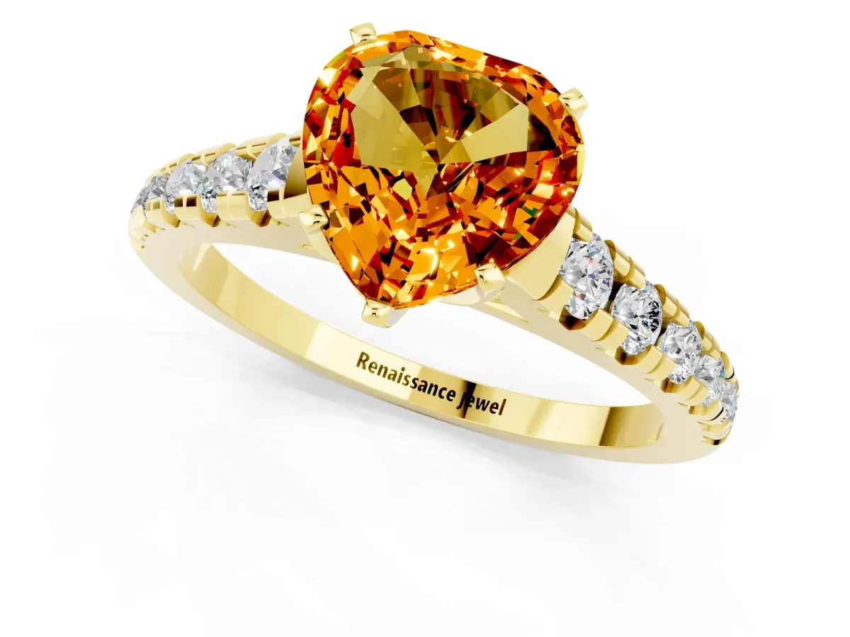Heart Cut Citrine Cathedral Solitaire Ring with Round Pavé Band Yellow gold