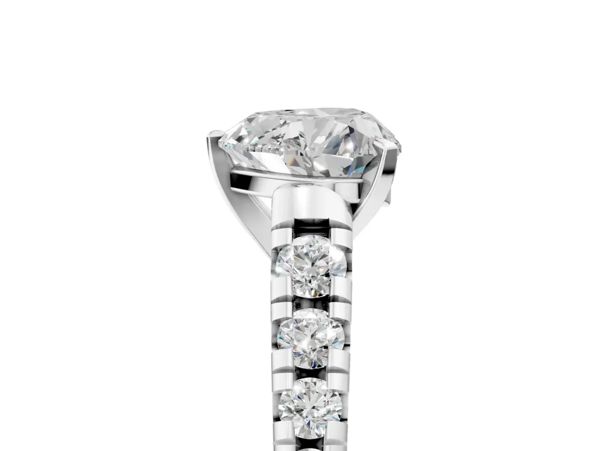 Heart Cut Diamond Cathedral Solitaire Ring with Round Moissanite Pavé Band Silver