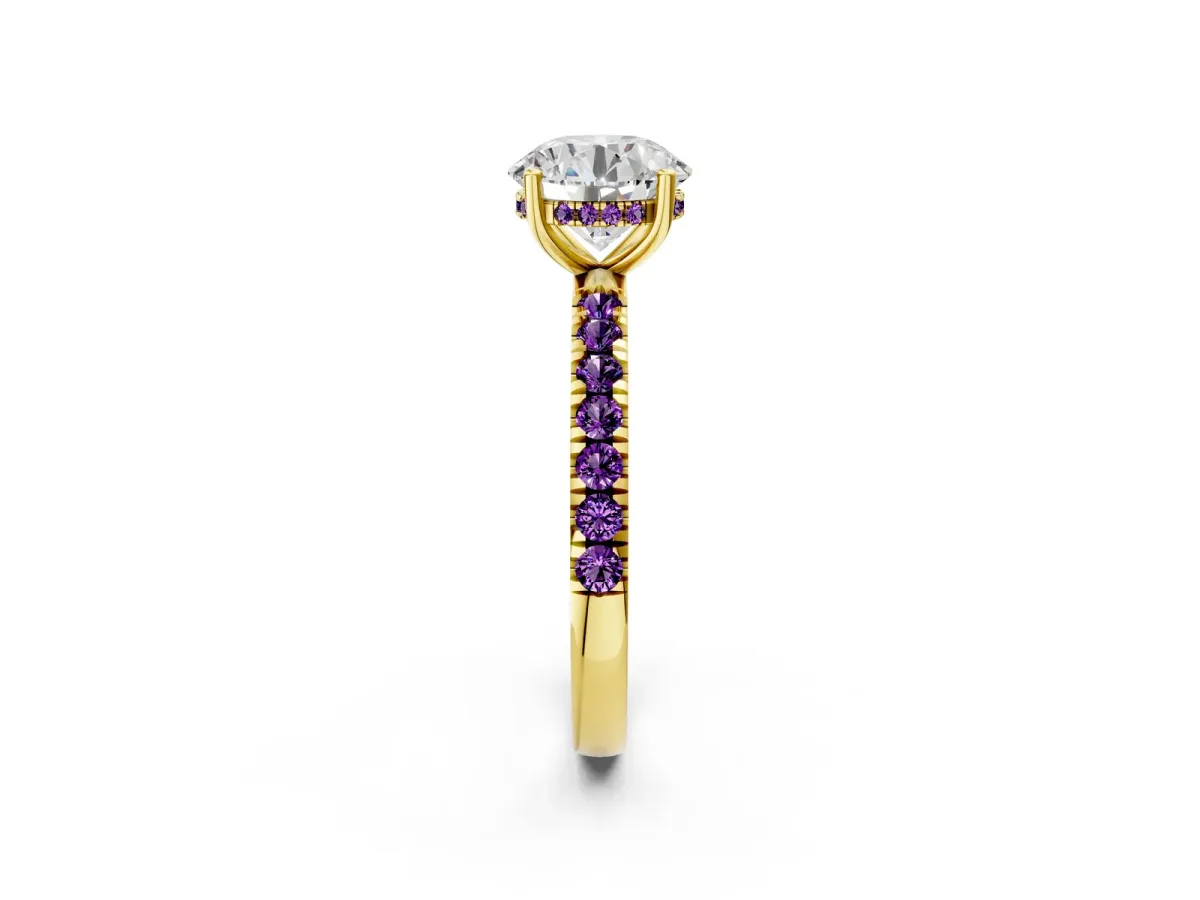 Round Cut Diamond Pave Band Solitaire Ring with Round Amethyst and Prong Setting Yellow gold
