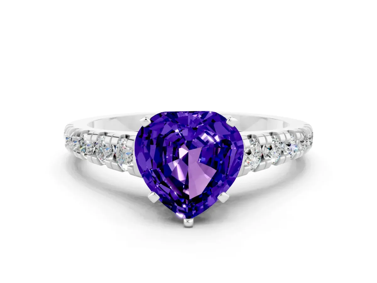 Heart Cut Tanzanite Cathedral Solitaire Ring with Round Pavé Band Silver
