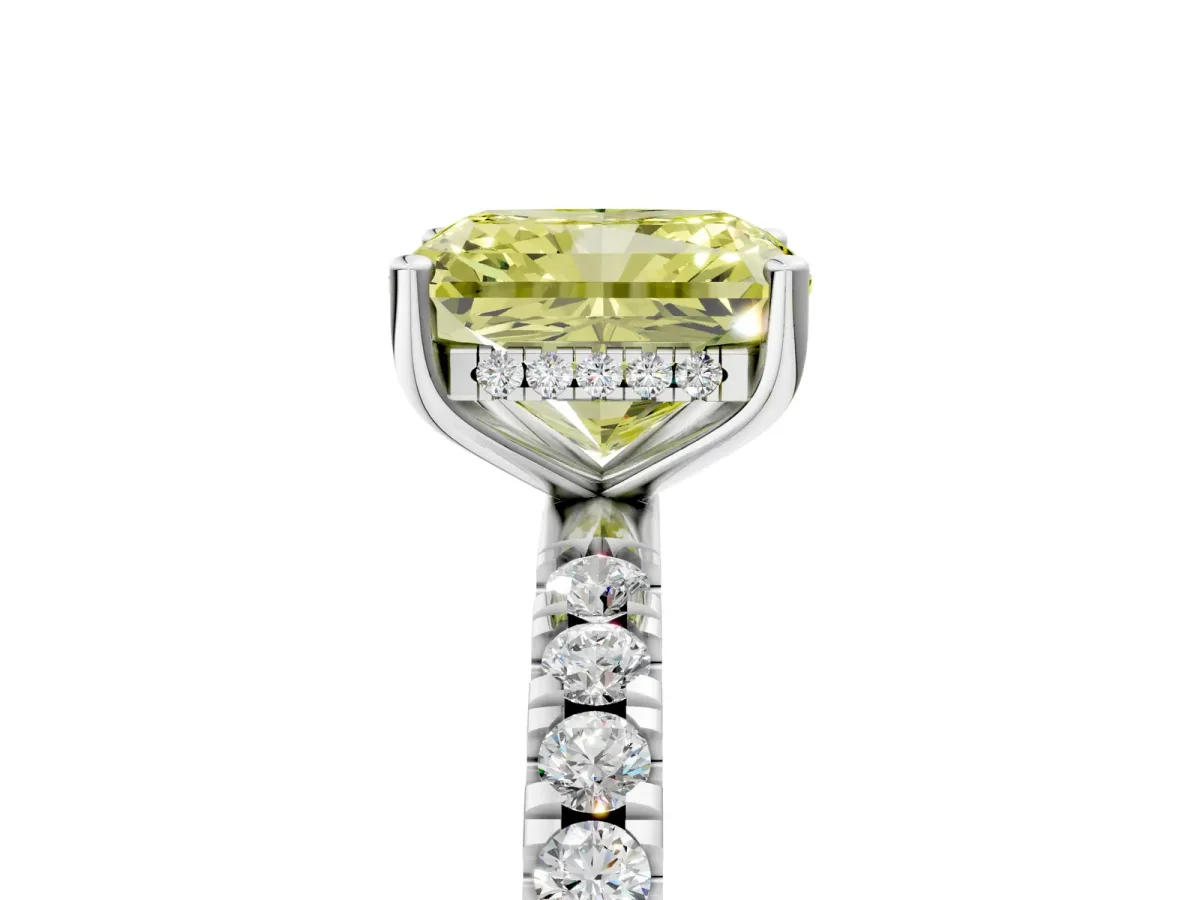 Fancy Yellow Radiant Cut Diamond Pave Band Solitaire Ring with Round and Prong Setting Silver