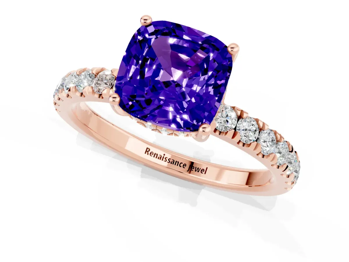Cushion Cut Tanzanite Pave Band Solitaire Ring with Round and Prong Setting Rose gold