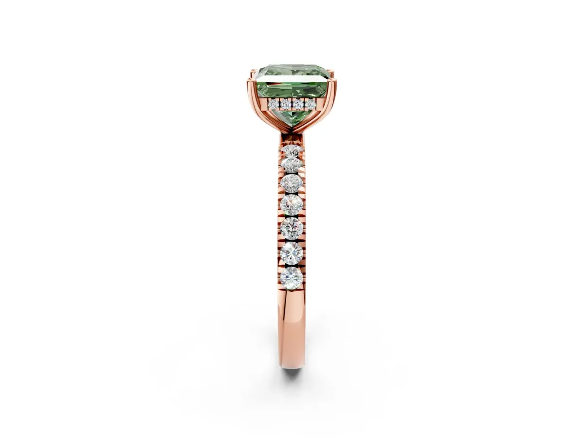 Fancy Green Princess Cut Diamond Pave Band Solitaire Ring with Round and Prong Setting Rose gold