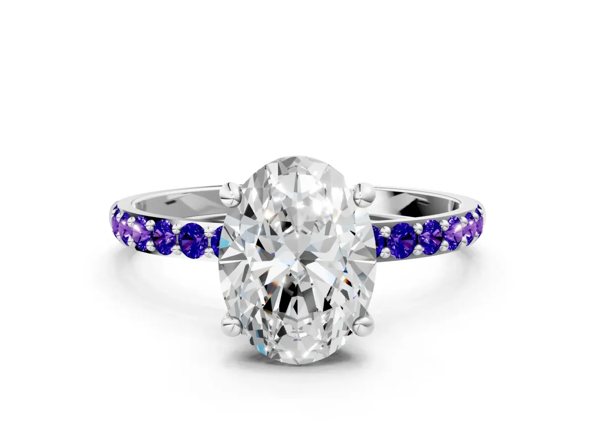 Oval Cut Diamond Solitaire Ring with Round Tanzanite Pavé Band and Prong Setting Platinum