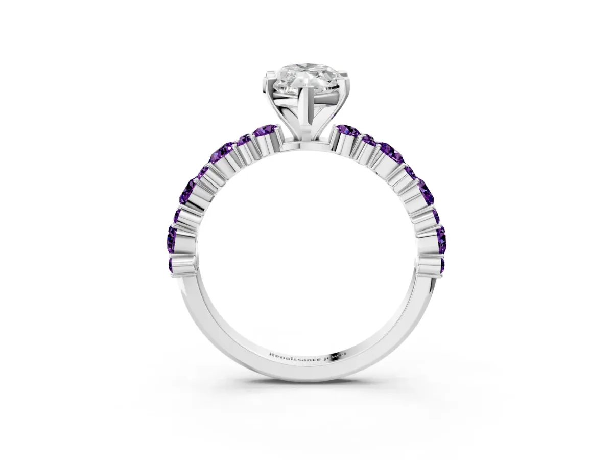 Marquise Cut Diamond Side Stone Solitaire Ring with Round Amethyst and Four-Prong Setting Platinum