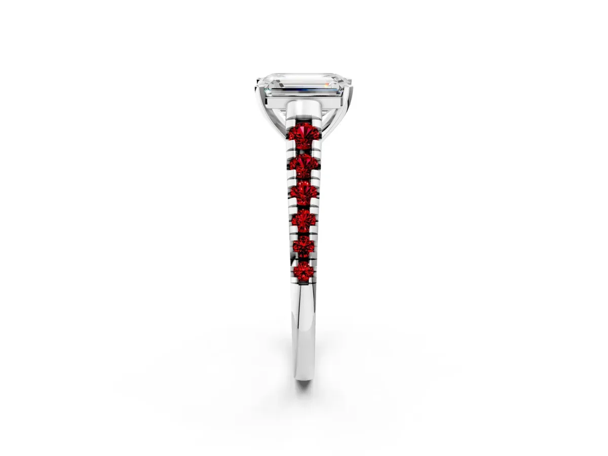 Emerald Cut Diamond Cathedral Solitaire Ring with Round Ruby Pavé Band White gold