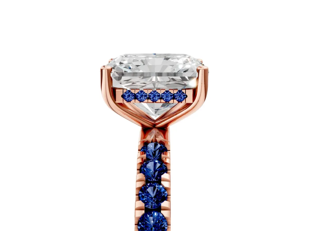 Radiant Cut Diamond Pave Band Solitaire Ring with Round Blue Sapphire and Prong Setting Rose gold