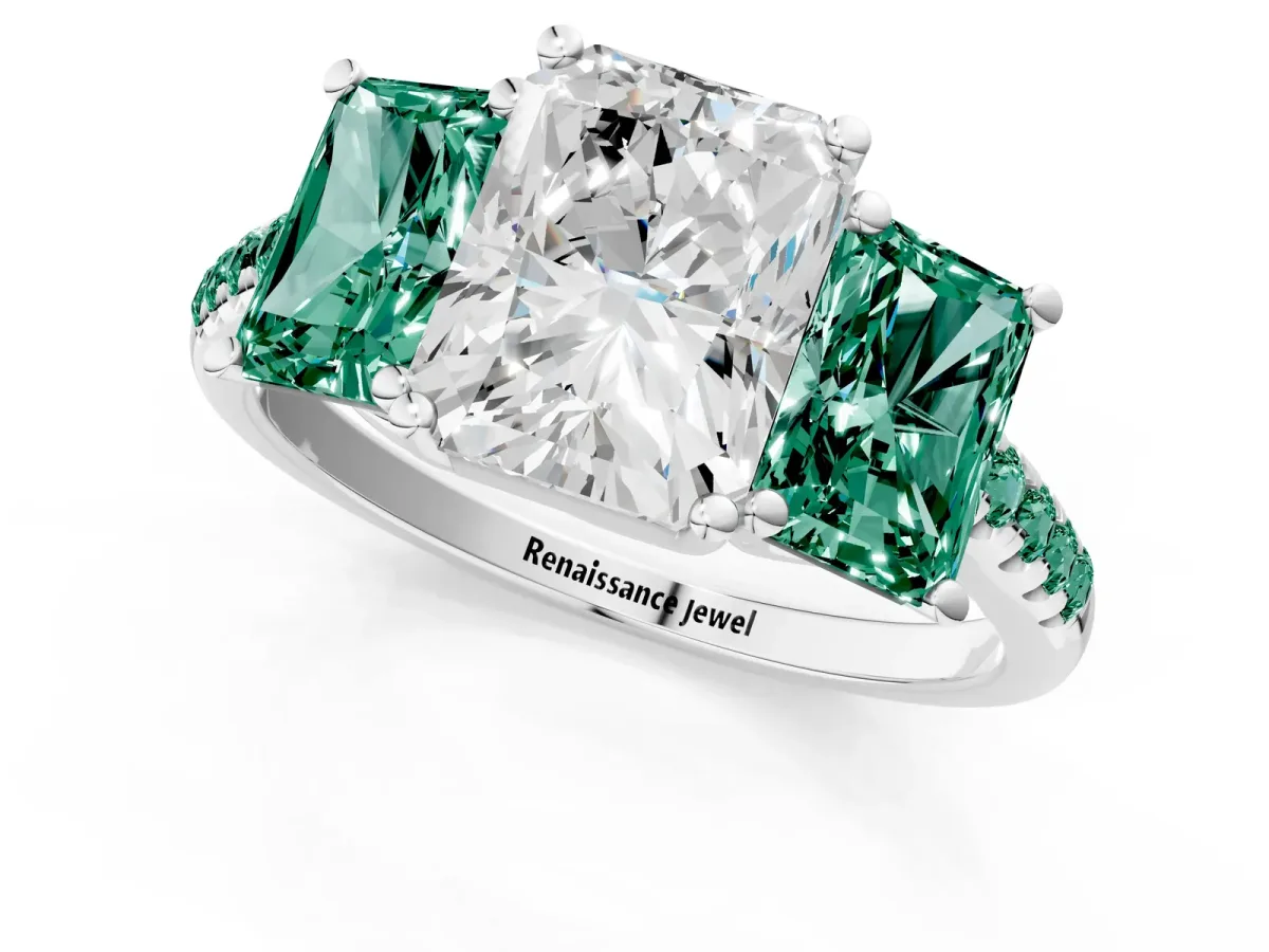 Three-Stone Radiant Cut Diamond Ring with Round Green Sapphire Pavé Band and Prong Setting Platinum