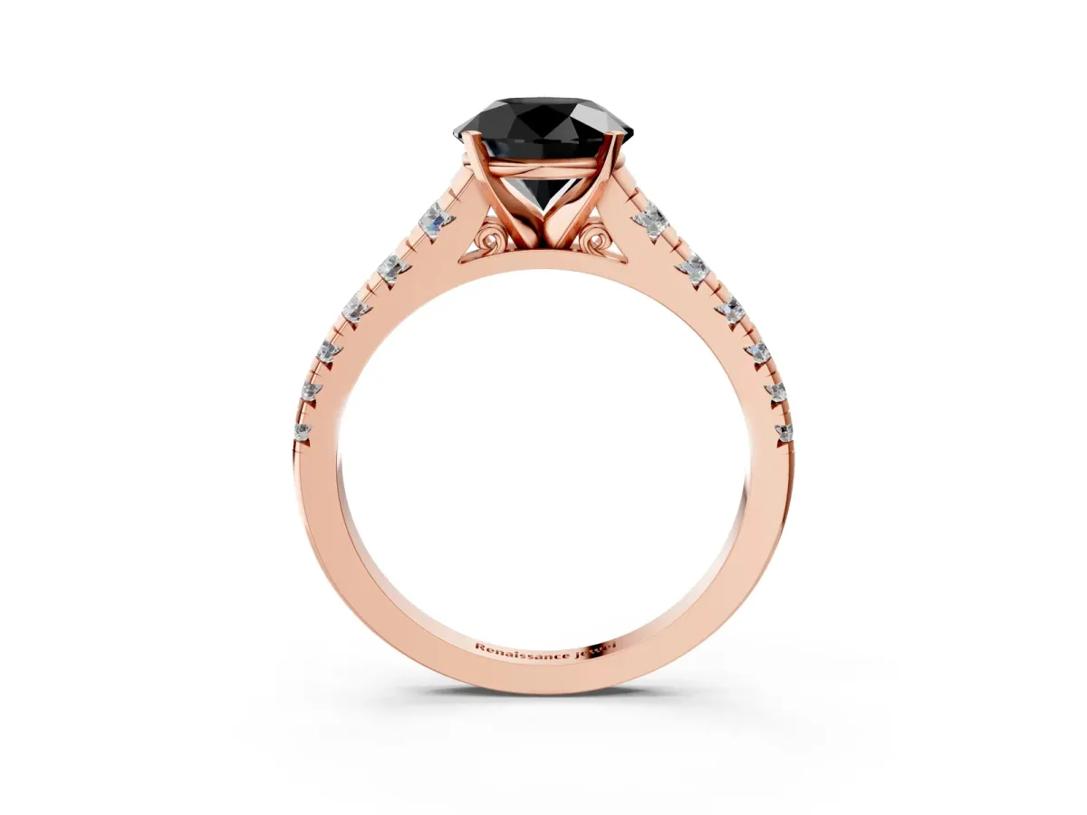 Fancy Black Round Cut Diamond Cathedral Solitaire Ring with Round Pavé Band Rose gold
